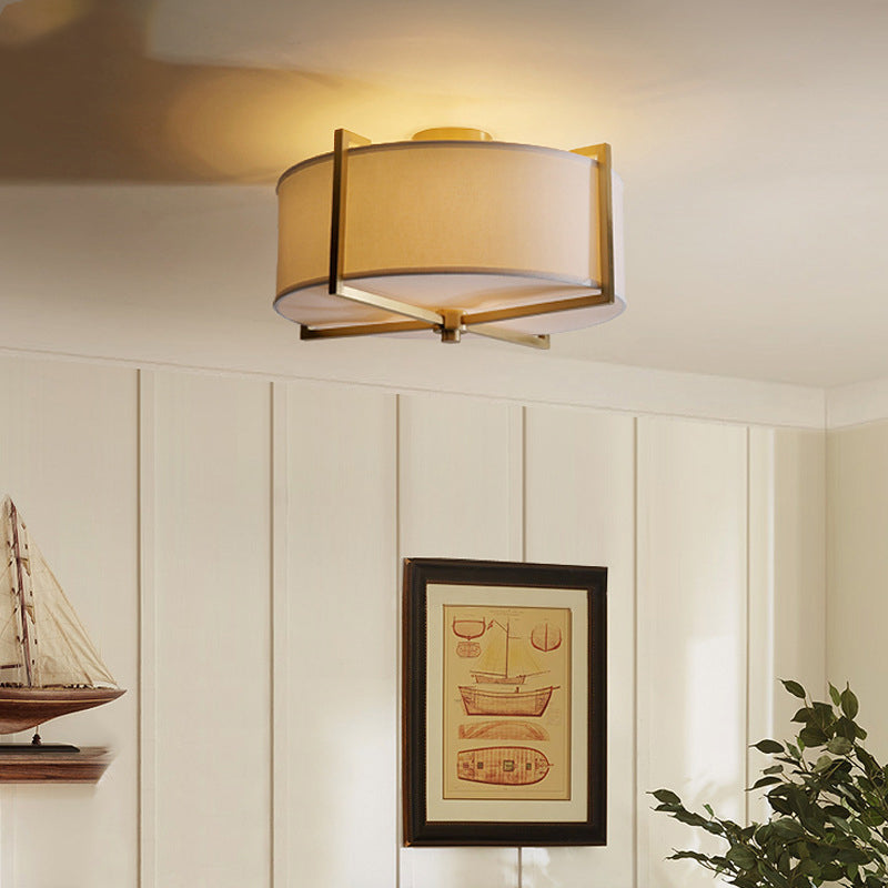 Traditional Vintage Round Cross Shape Fabric Copper 5-Light Semi-Flush Mount Ceiling Light For Living Room