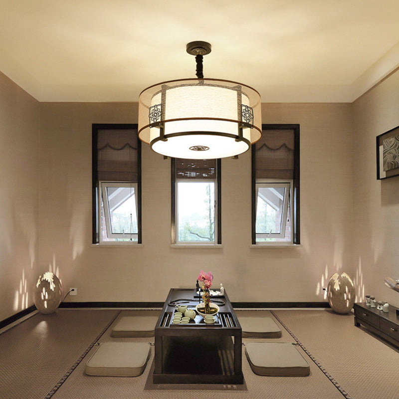 Traditional Chinese Round Bamboo Patterned Fabric Iron 3-Light Chandelier For Living Room