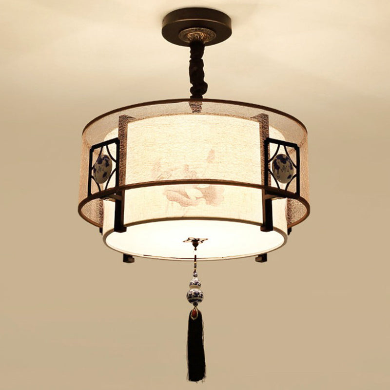 Traditional Chinese Round Bamboo Patterned Fabric Iron 3-Light Chandelier For Living Room