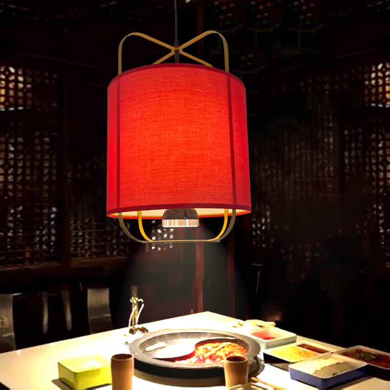 Traditional Chinese Lantern Shape Round Fabric Iron 2-Light Pendant Light For Living Room