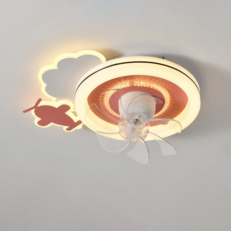 モダンミニマリスト雲、飛行機、王冠、ラウンドABS、鉄、銅、LEDフラッシュマウントシーリングファンライト、寝室用