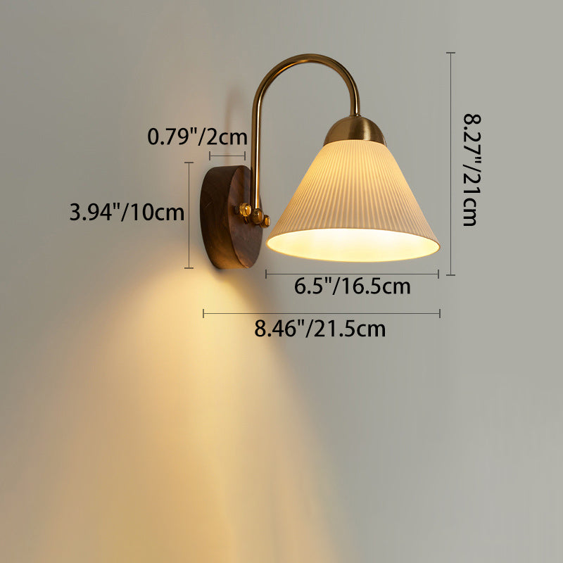Traditional Vintage Conical Round Distressed Ceramic Rubberwood Iron 1-Light Wall Sconce Lamp For Living Room