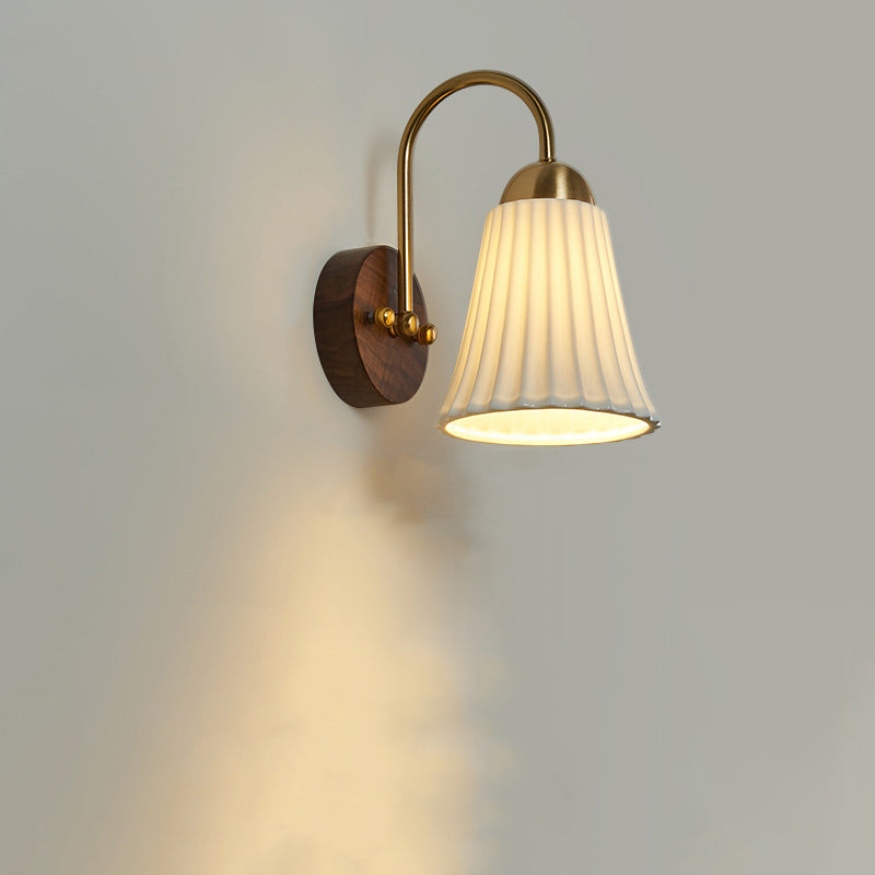 Traditional Vintage Conical Round Distressed Ceramic Rubberwood Iron 1-Light Wall Sconce Lamp For Living Room
