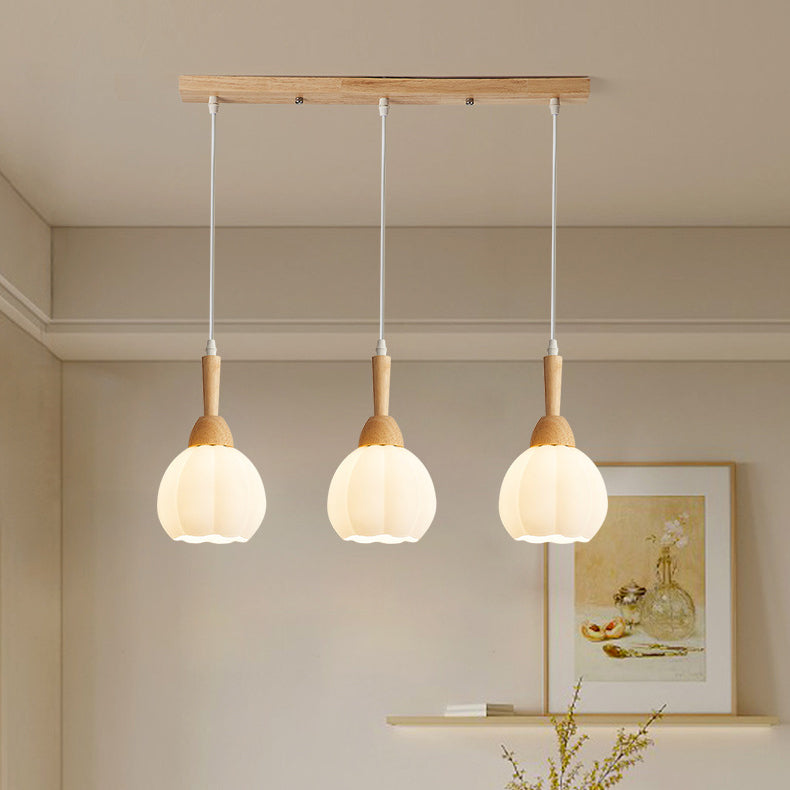 Modern Simplicity Long Plate Round Orb Glass Wood 3-Light Chandelier For Living Room