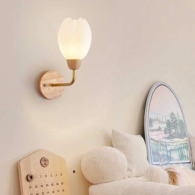 Contemporary Scandinavian Floral Round PVC Iron Wood 1-Light Wall Sconce Lamp For Bedroom