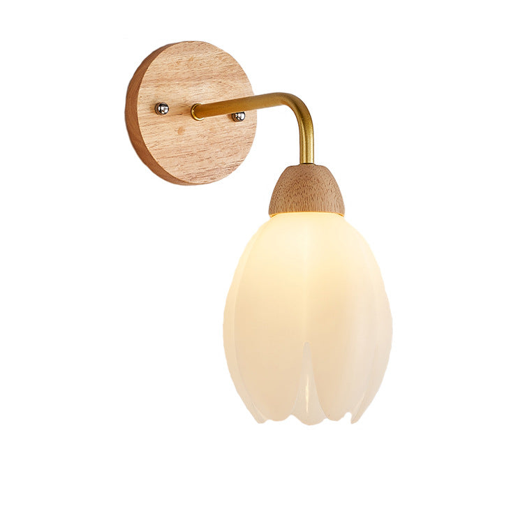 Contemporary Scandinavian Floral Round PVC Iron Wood 1-Light Wall Sconce Lamp For Bedroom