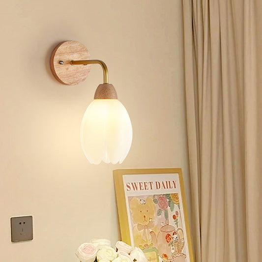 Contemporary Scandinavian Floral Round PVC Iron Wood 1-Light Wall Sconce Lamp For Bedroom
