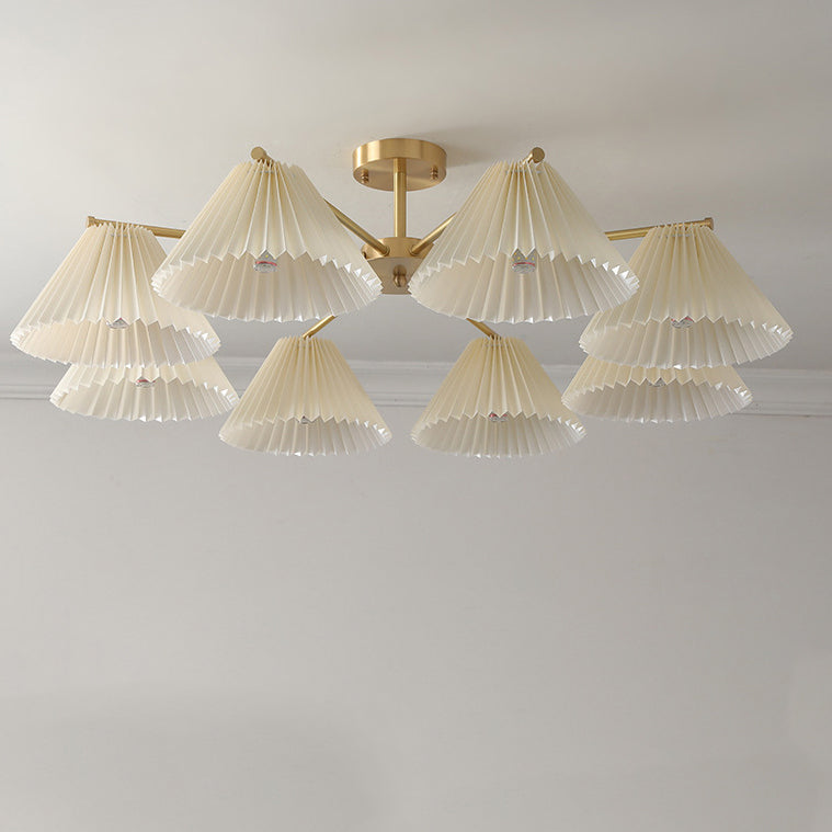 Contemporary Scandinavian Round Pleated Scalloped Branch Fabric Copper 3/5/8 Light Chandelier For Living Room