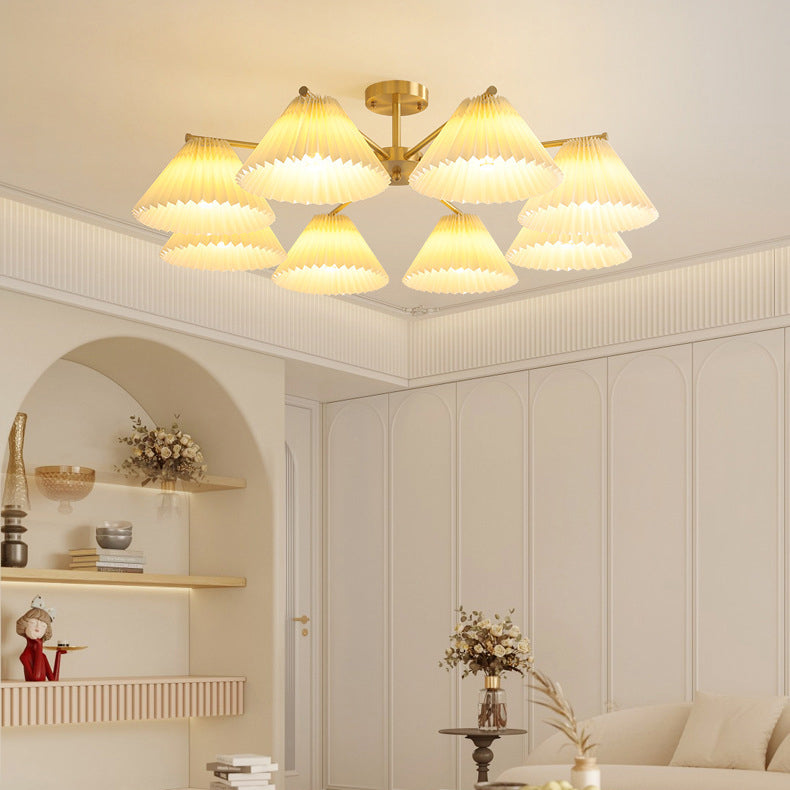 Contemporary Scandinavian Round Pleated Scalloped Branch Fabric Copper 3/5/8 Light Chandelier For Living Room