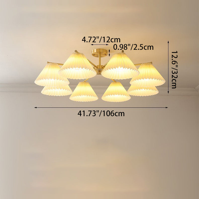 Contemporary Scandinavian Round Pleated Scalloped Branch Fabric Copper 3/5/8 Light Chandelier For Living Room