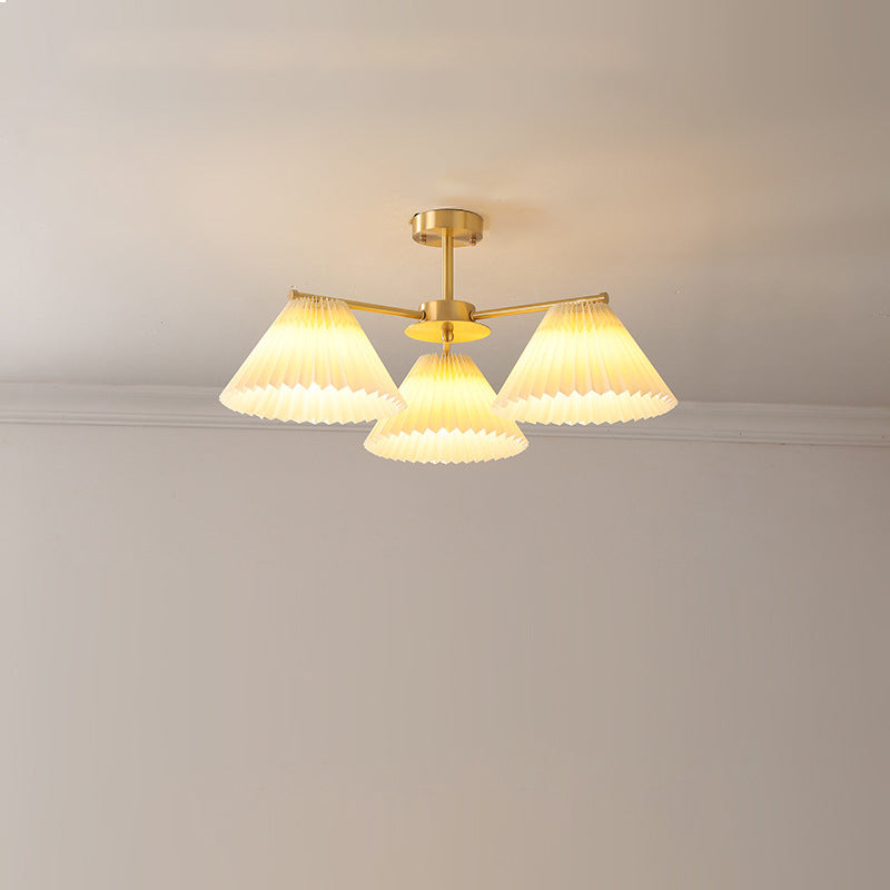 Contemporary Scandinavian Round Pleated Scalloped Branch Fabric Copper 3/5/8 Light Chandelier For Living Room