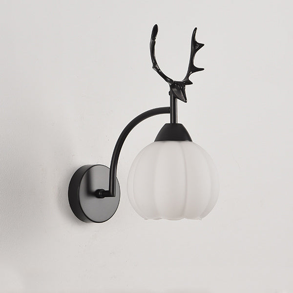 Modern Art Deco Antlers Pumpkin Round Glass Iron 1-Light Wall Sconce Lamp For Bedroom