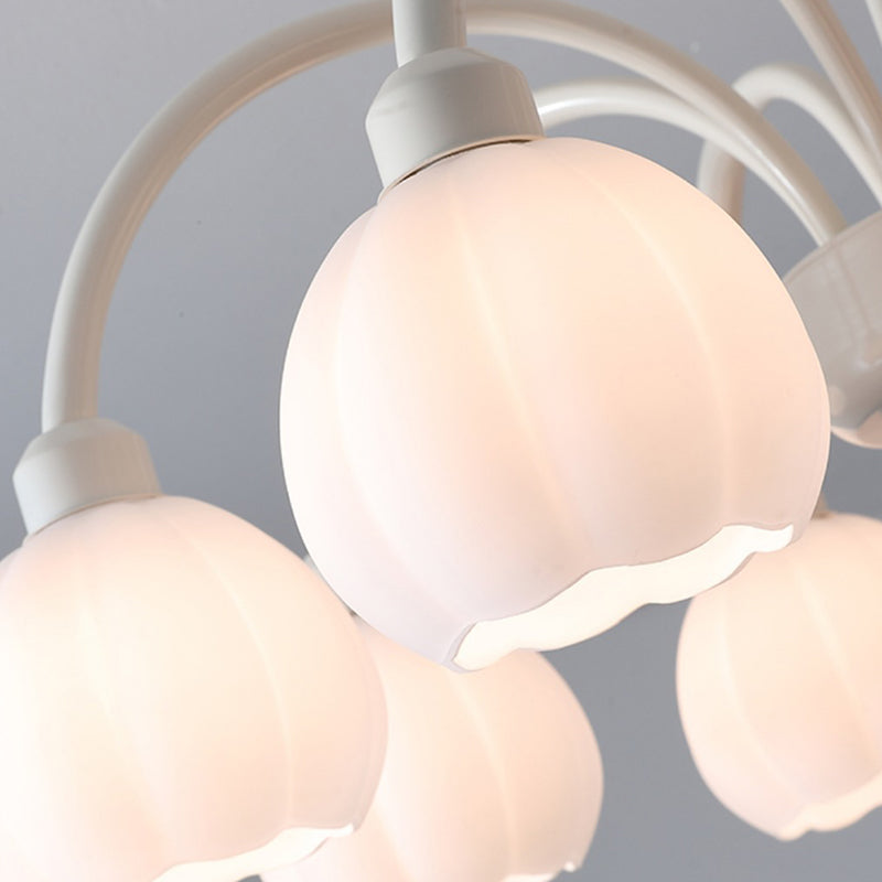 Contemporary Scandinavian Cream Pod Flower Branch Glass Iron 6/8 Light Chandelier For Living Room