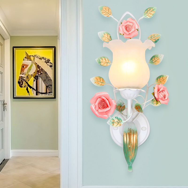 Traditional Rustic Floral Leaf Round Glass Ceramic Iron 1/2 Light Wall Sconce Lamp For Living Room