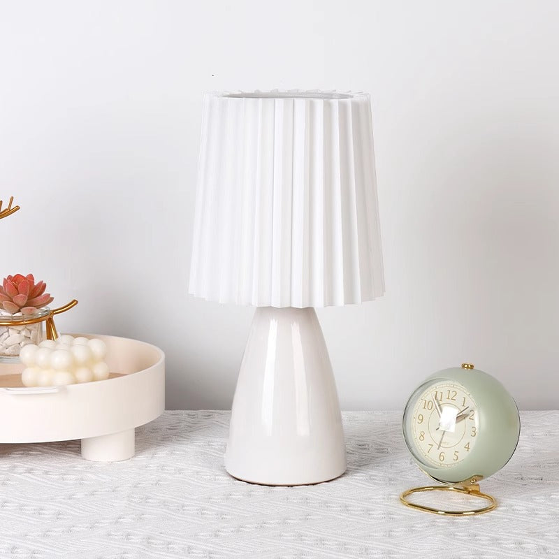 Contemporary Creative Pleated Cylinder Cone PVC Fabric Ceramic 1-Light Table Lamp For Bedroom