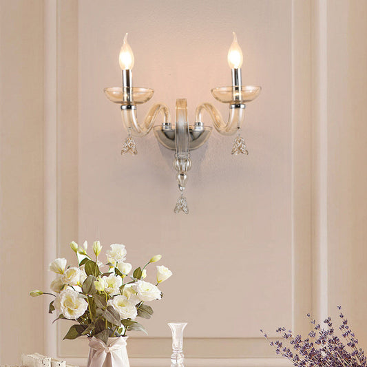 Contemporary Scandinavian Curved Leaf Round Glass Crystal Hardware 1/2 Light Wall Sconce Lamp For Bedroom