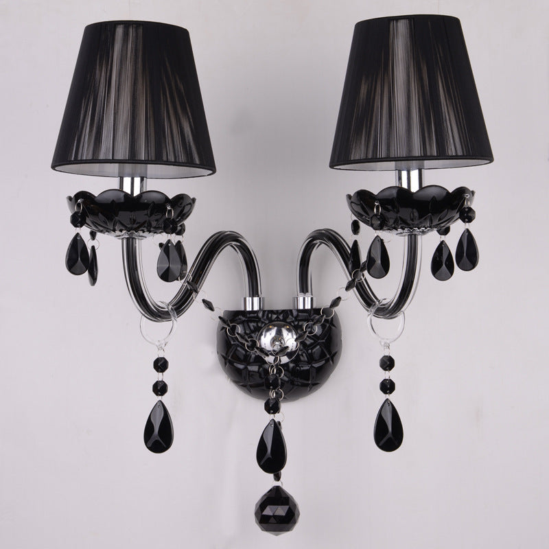 Traditional Vintage Candle Pendant Glass Fabric Crystal Iron 2-Light Wall Sconce Lamp For Bedroom