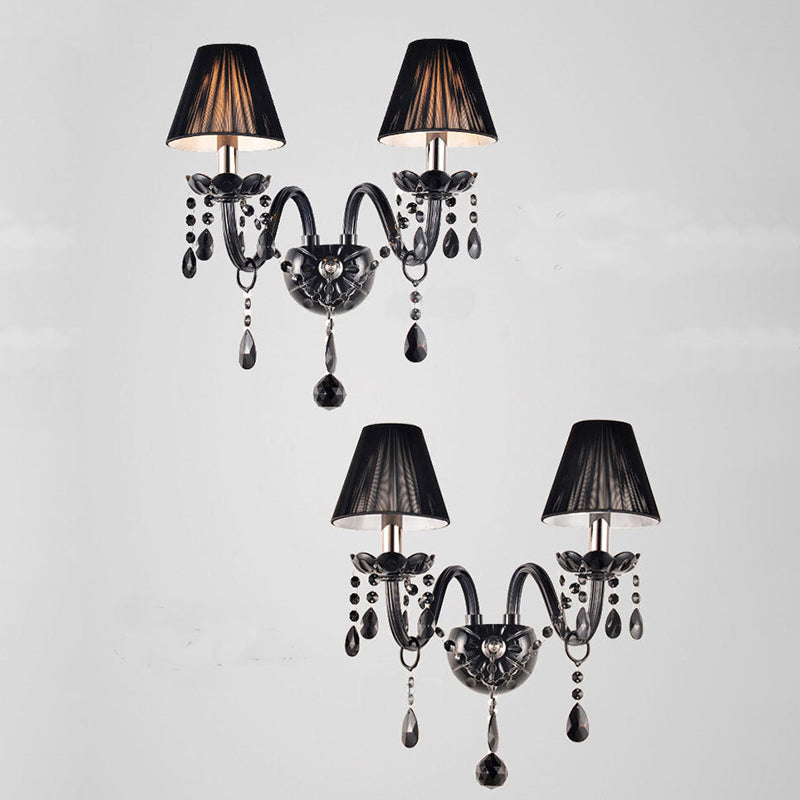 Traditional Vintage Candle Pendant Glass Fabric Crystal Iron 2-Light Wall Sconce Lamp For Bedroom