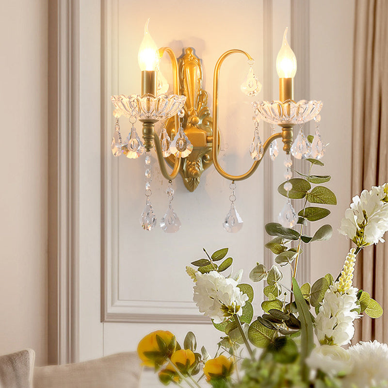 Traditional Vintage Pendant Candle Bent Crystal Iron 2-Light Wall Sconce Lamp For Bedroom