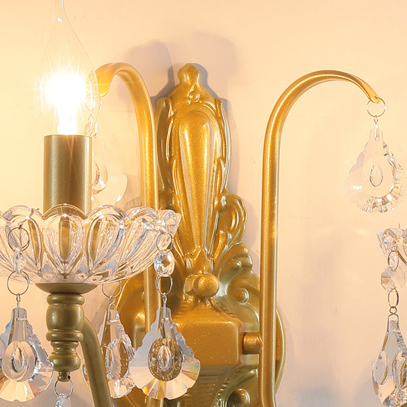 Traditional Vintage Pendant Candle Bent Crystal Iron 2-Light Wall Sconce Lamp For Bedroom