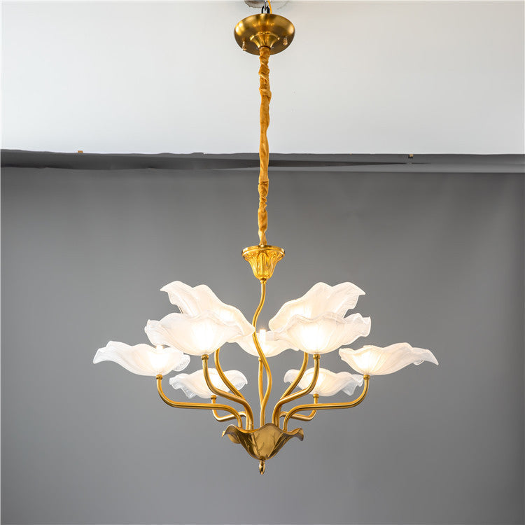 Contemporary Creative Lotus Leaf Branch Round Glass Iron 6/9 Light Chandelier For Living Room
