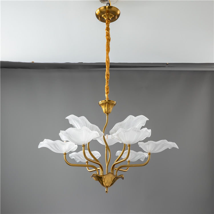 Contemporary Creative Lotus Leaf Branch Round Glass Iron 6/9 Light Chandelier For Living Room