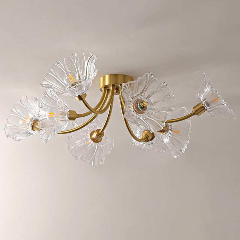 Traditional Vintage Round Branch Floral Glass Brass 3/5/8 Light Semi-Flush Mount Ceiling Light For Living Room