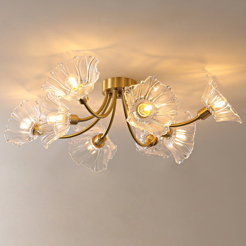 Traditional Vintage Round Branch Floral Glass Brass 3/5/8 Light Semi-Flush Mount Ceiling Light For Living Room