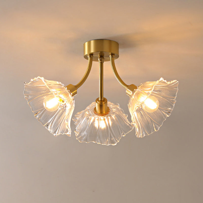 Traditional Vintage Round Branch Floral Glass Brass 3/5/8 Light Semi-Flush Mount Ceiling Light For Living Room