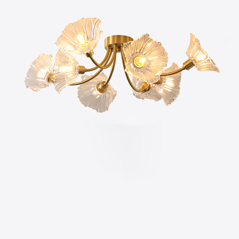 Traditional Vintage Round Branch Floral Glass Brass 3/5/8 Light Semi-Flush Mount Ceiling Light For Living Room