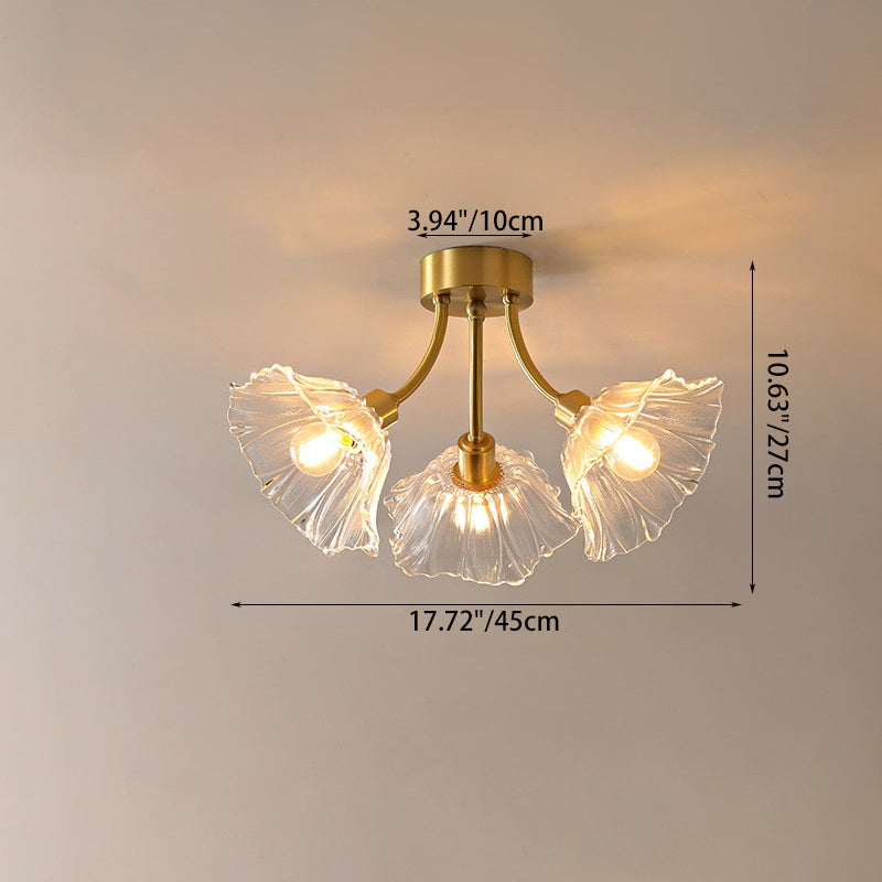 Traditional Vintage Round Branch Floral Glass Brass 3/5/8 Light Semi-Flush Mount Ceiling Light For Living Room