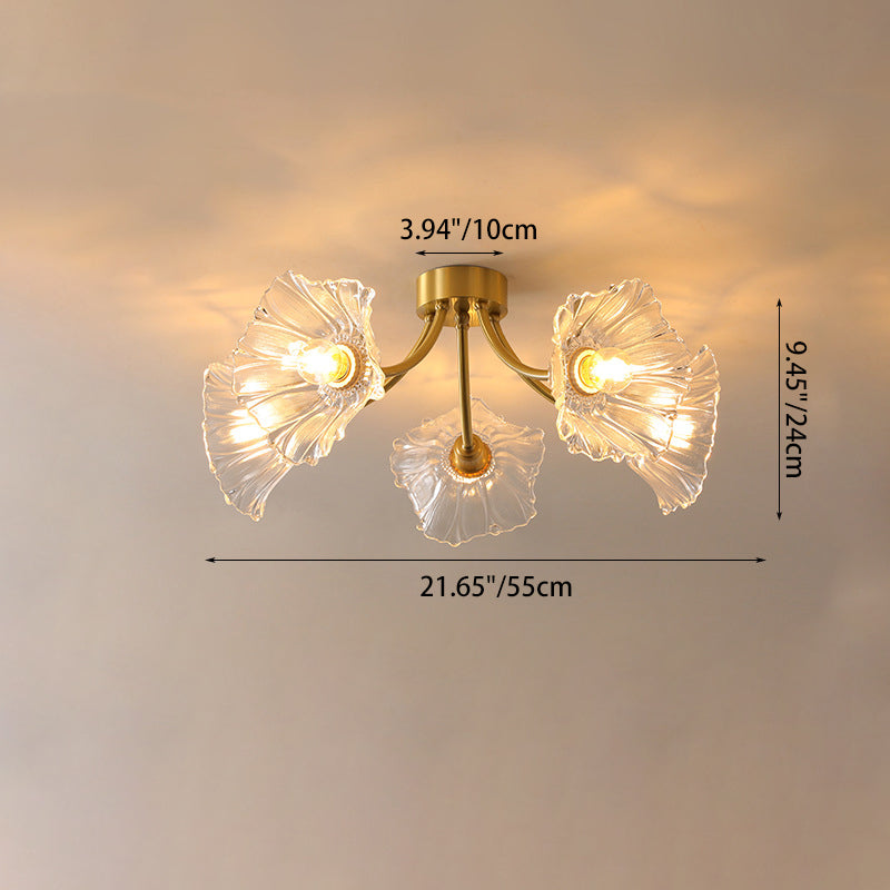 Traditional Vintage Round Branch Floral Glass Brass 3/5/8 Light Semi-Flush Mount Ceiling Light For Living Room