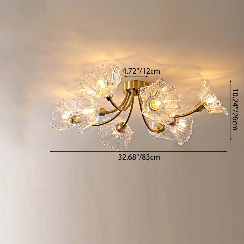 Traditional Vintage Round Branch Floral Glass Brass 3/5/8 Light Semi-Flush Mount Ceiling Light For Living Room