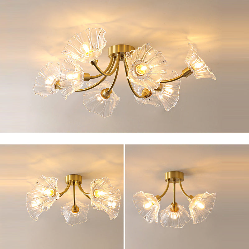 Traditional Vintage Round Branch Floral Glass Brass 3/5/8 Light Semi-Flush Mount Ceiling Light For Living Room