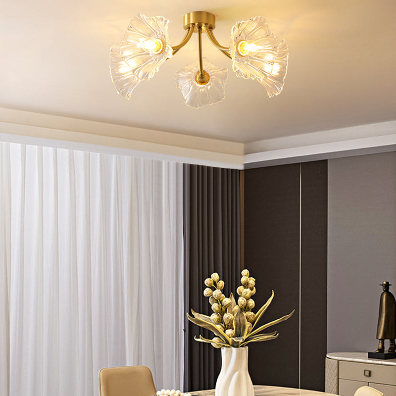 Traditional Vintage Round Branch Floral Glass Brass 3/5/8 Light Semi-Flush Mount Ceiling Light For Living Room