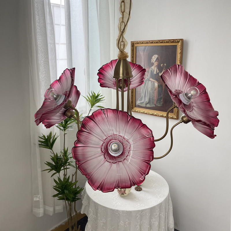 Traditional French Trumpet Branch Bend Glass Copper 6-Light Chandelier For Living Room