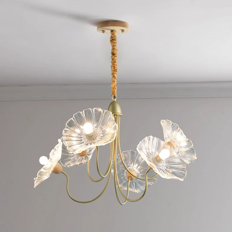 Traditional French Floral Curved Glass Iron 3/6 Light Chandelier For Living Room