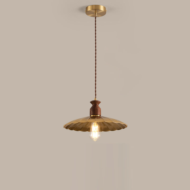 Traditional Vintage Round Umbrella Distressed Walnut Brass 1-Light Pendant Light For Living Room