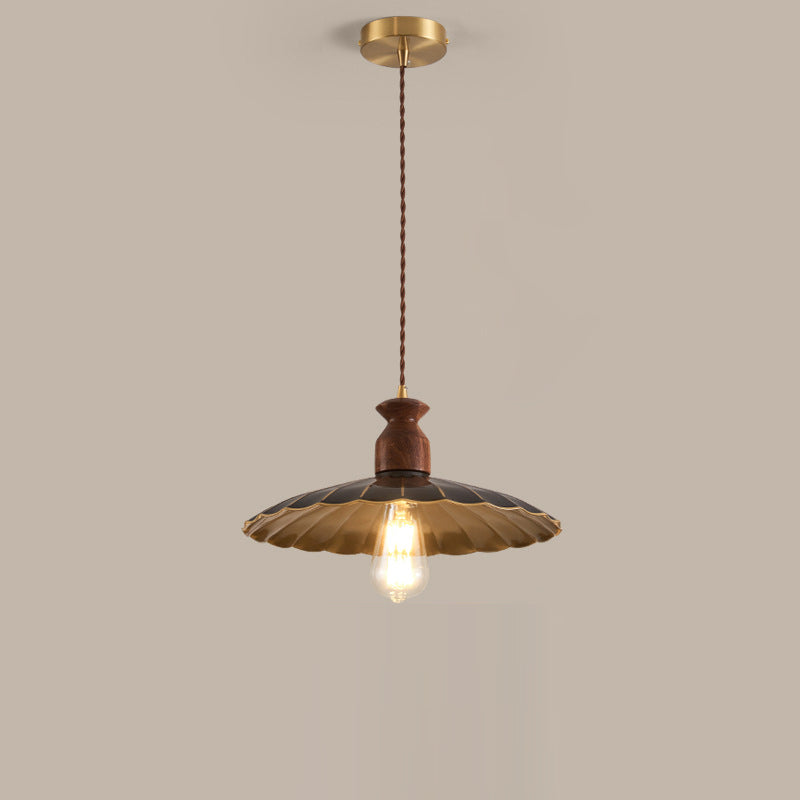 Traditional Vintage Round Umbrella Distressed Walnut Brass 1-Light Pendant Light For Living Room