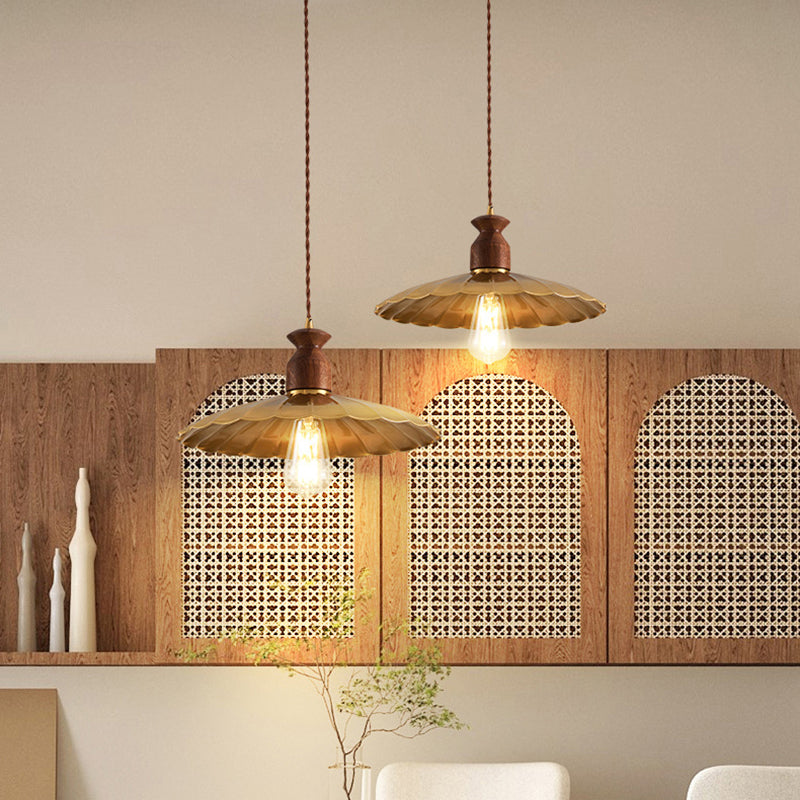 Traditional Vintage Round Umbrella Distressed Walnut Brass 1-Light Pendant Light For Living Room