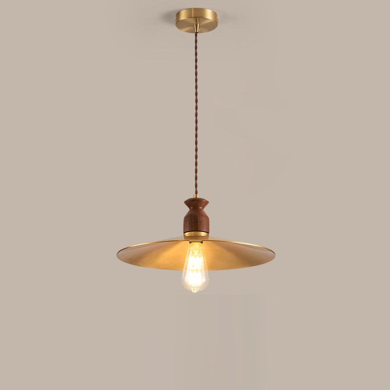 Traditional Vintage Round Umbrella Distressed Walnut Brass 1-Light Pendant Light For Living Room