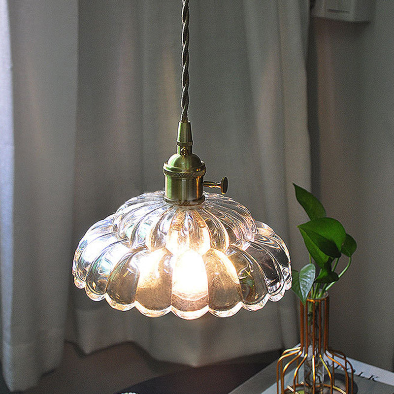 Traditional Japanese Flower Round Glass Brass 1-Light Pendant Light For Living Room