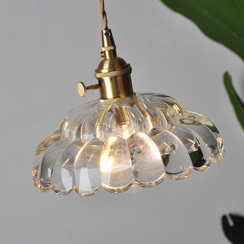 Traditional Japanese Flower Round Glass Brass 1-Light Pendant Light For Living Room