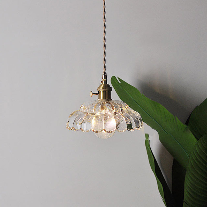 Traditional Japanese Flower Round Glass Brass 1-Light Pendant Light For Living Room