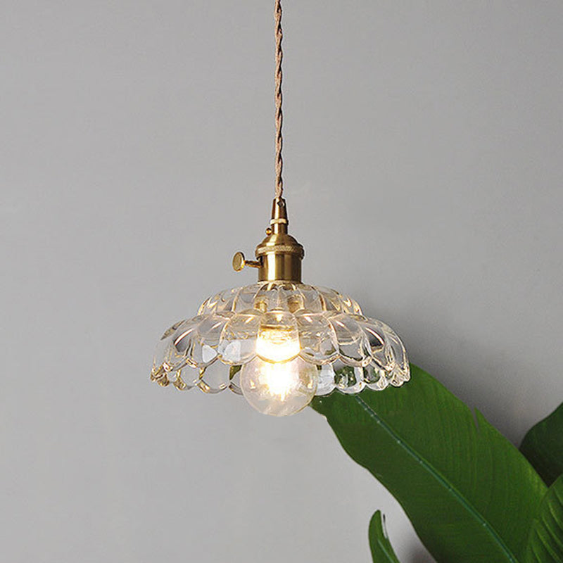 Traditional Japanese Flower Round Glass Brass 1-Light Pendant Light For Living Room