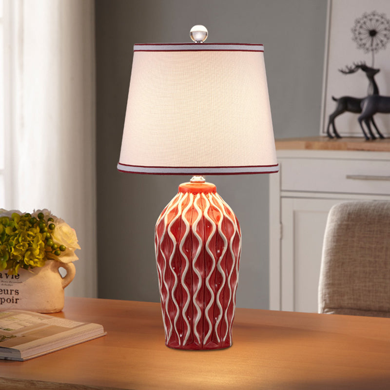 Contemporary Scandinavian Patterned Sculpture Round Fabric Ceramic 1-Light Table Lamp For Bedroom