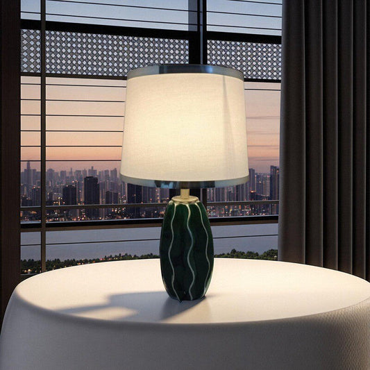 Contemporary Scandinavian Round Wave Oval Fabric Ceramic 1-Light Table Lamp For Living Room