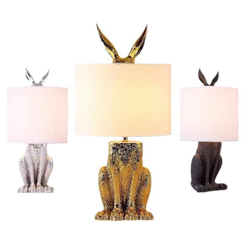 Contemporary Scandinavian Rabbit Round Cylinder Fabric Resin 1-Light Table Lamp For Living Room