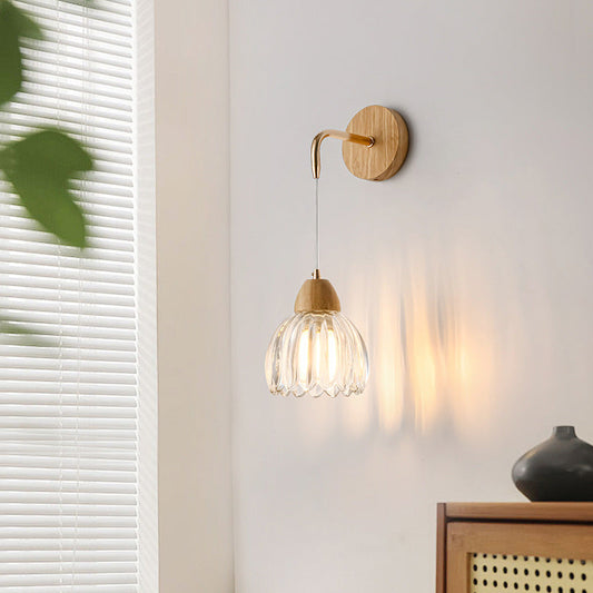 Contemporary Scandinavian Pod Round Curved Glass Wood 1-Light Wall Sconce Lamp For Bedroom