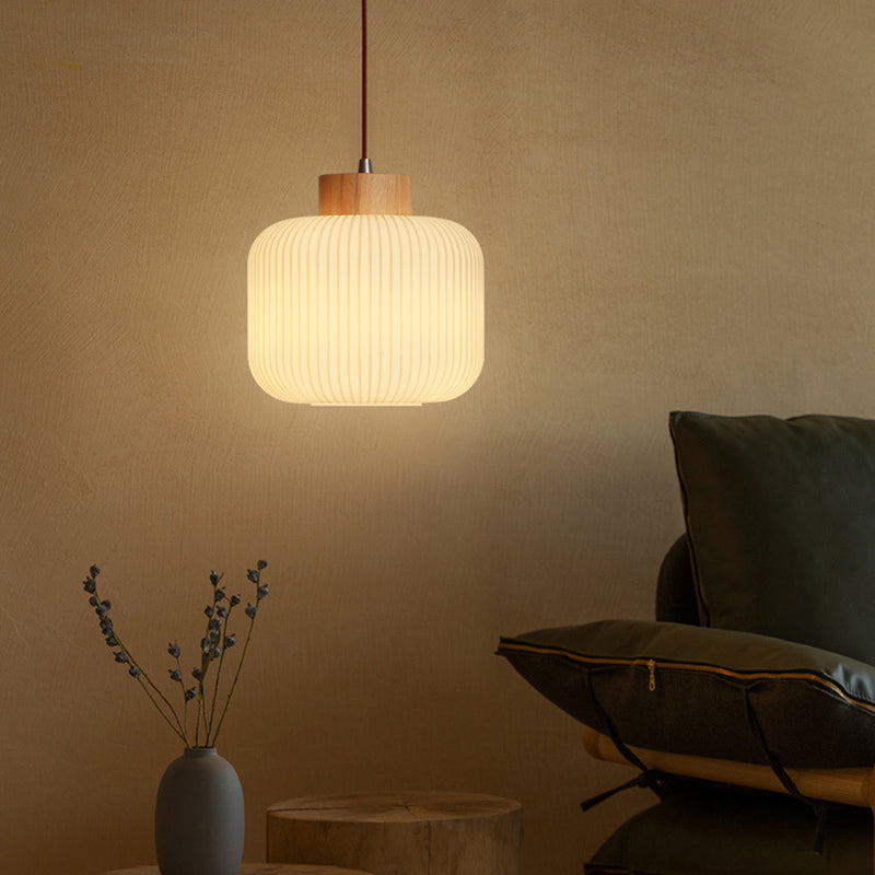 Traditional Japanese Cylinder Round Distressed Glass Wood 1-Light Pendant Light For Living Room